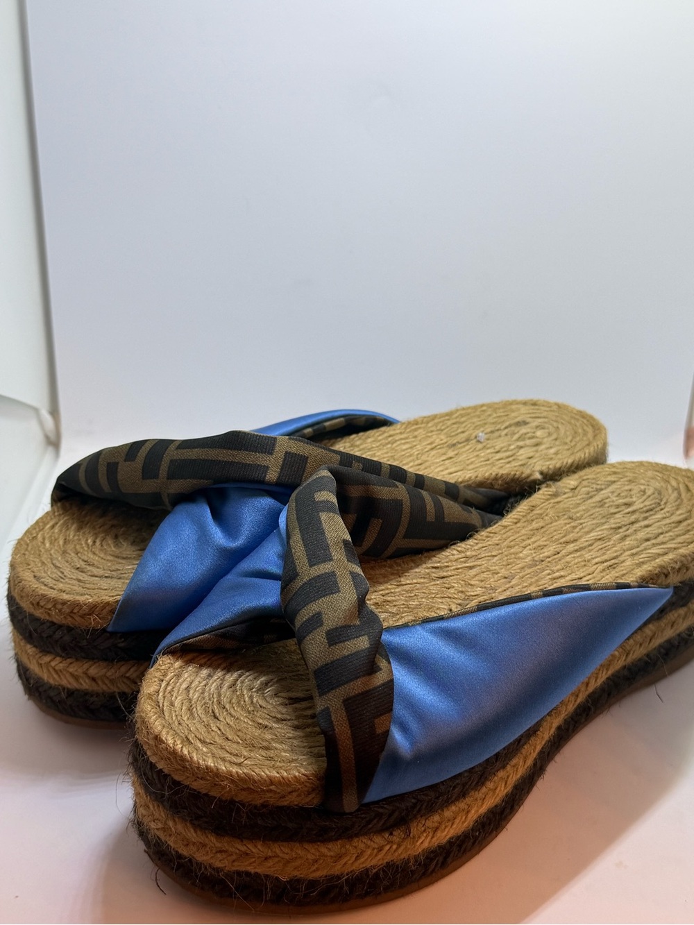 Fendi Blue Satin & Brown FF-Logo Knot Espadrille Platforms